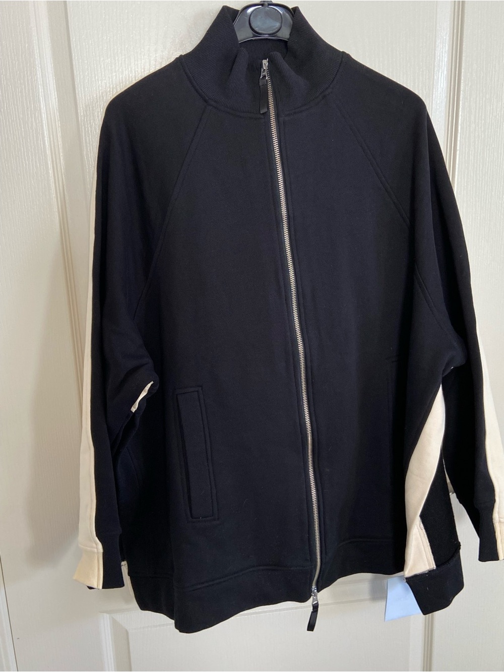Black Zip-Front Women's Track Jacket with Cream Stripe